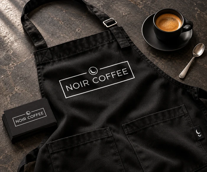 Чёрный фирменный фартук NOIR COFFEE, визитки и эспрессо на камне — ИИ-мокап по исходной айдентике
