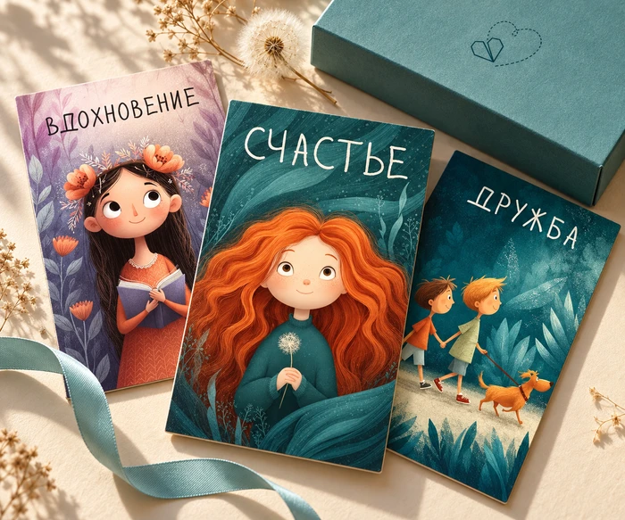 Иллюстративные карточки «Счастье», «Вдохновение» и «Дружба» с бирюзовой коробкой — ИИ-мокап по материалам «Причины счастья»