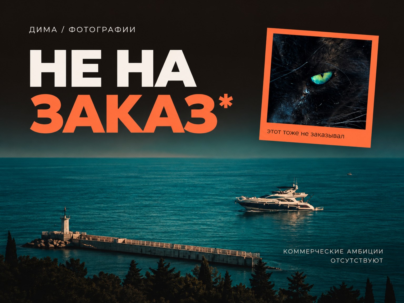 Утверждённая обложка НЕ НА ЗАКАЗ: море, яхта, оранжевая квадратная рамка с котом и надпись «Этот тоже не заказывал»