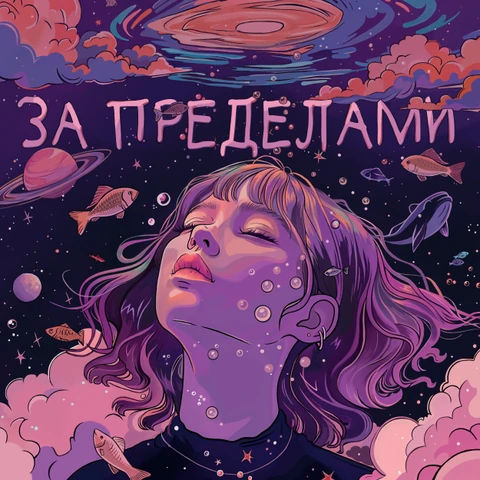 Авторская обложка «За пределами»: героиня среди планет, рыб и розовых облаков