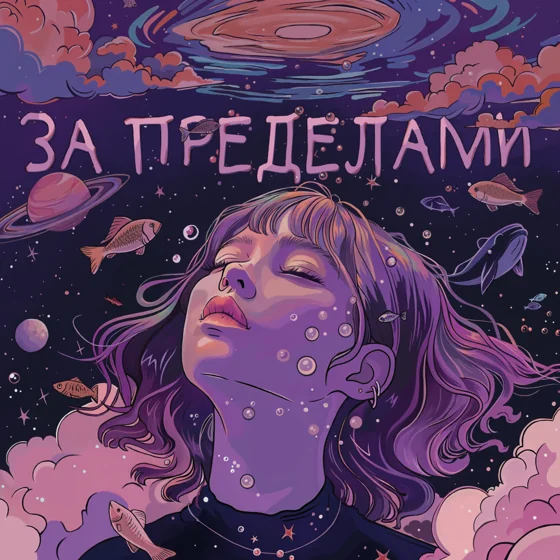 Обложка подкаста: героиня среди планет, рыб и розовых облаков